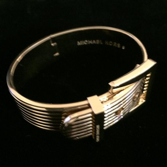 Michael Kors Textured Gold Tone Buckle Hinged Bangle Bracelet - Picture 5 of 6